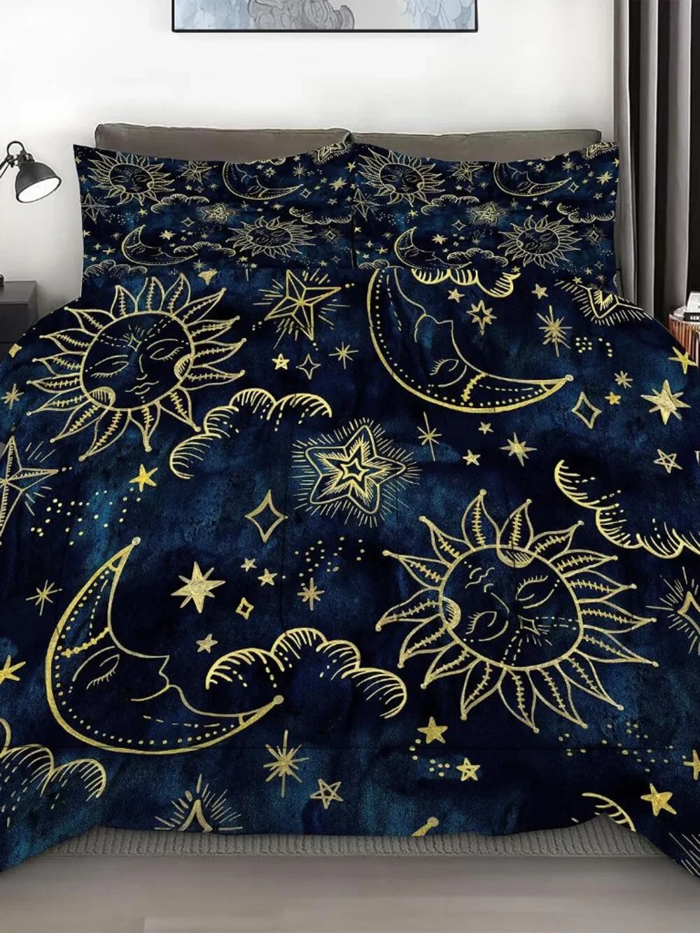 Celestial Comforter Set Queen Size Blue Gold Sun and Moon Boho Bedding for Kids